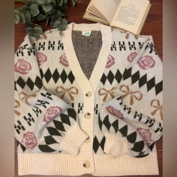 Women’s Floral Bow Rose Knit  Patterned Cardigan Sweater Cottagecore Boho SMALL - Picture 3 of 4